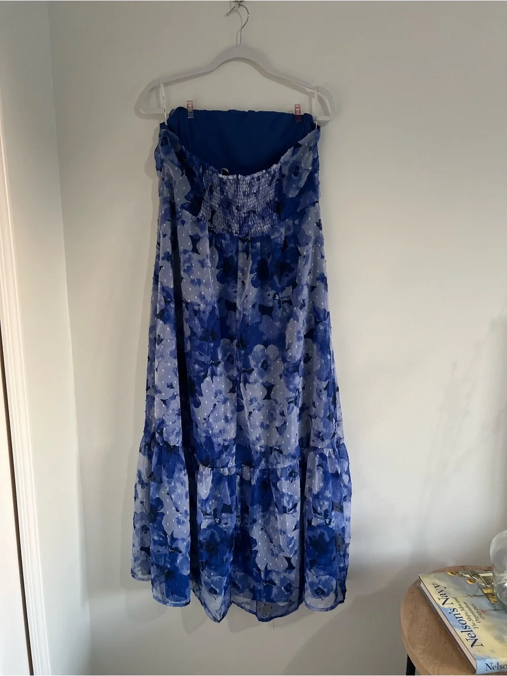 Strapless Blue Floral Maxi Dress with Side Slit